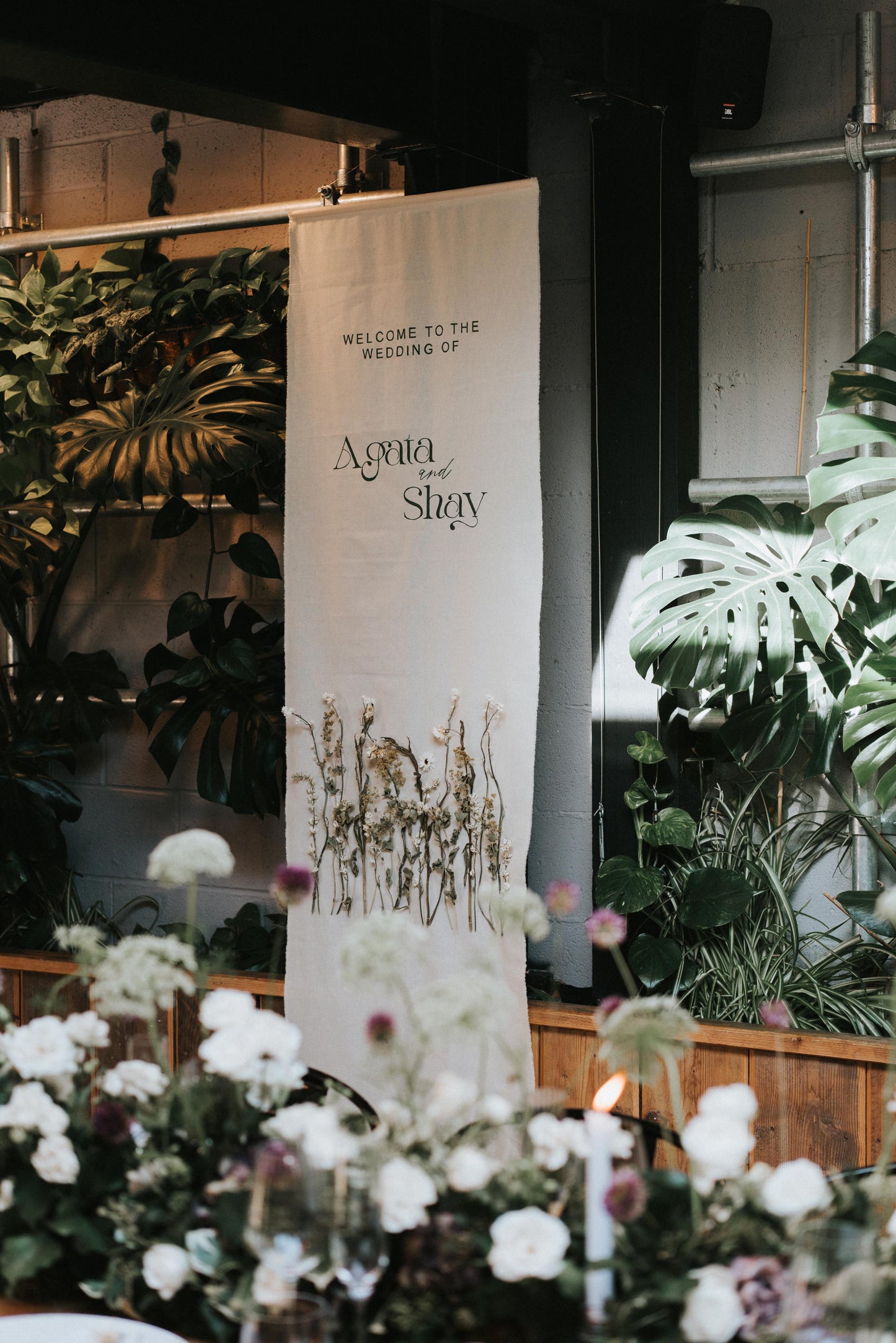 Fabric Welcome sign with Dried flowers