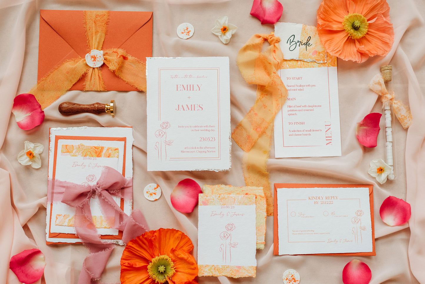 Wedding Stationery Suite in Peach, Orange and Pinks