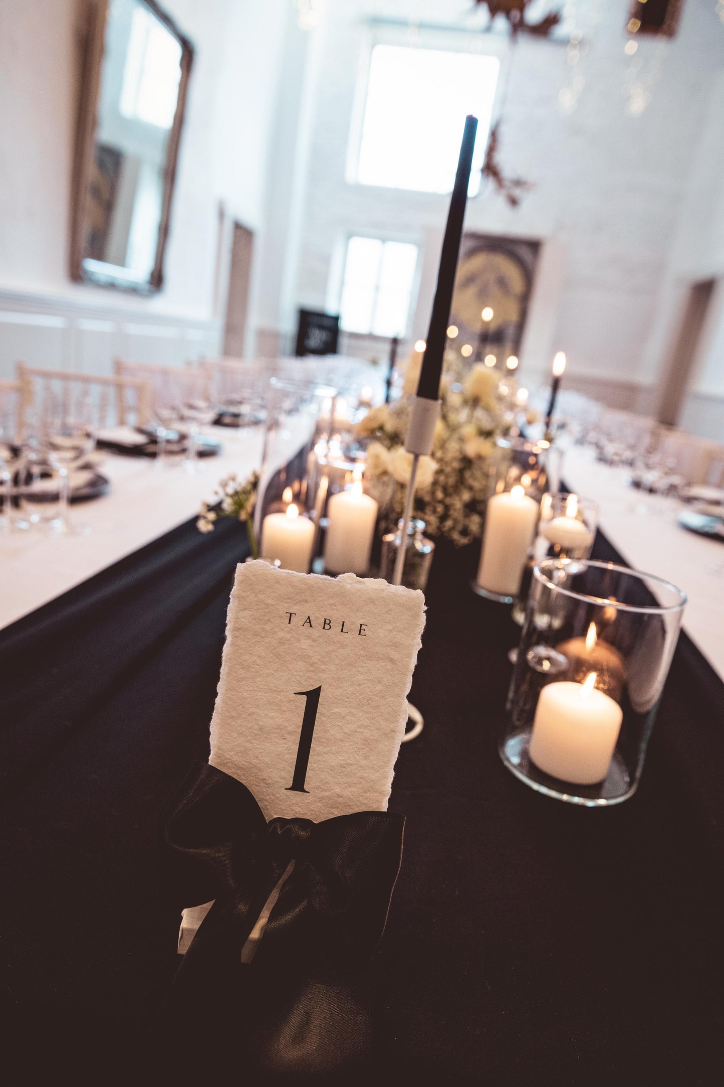 Hand crafted Monochrome Table number with Black Satin Bow