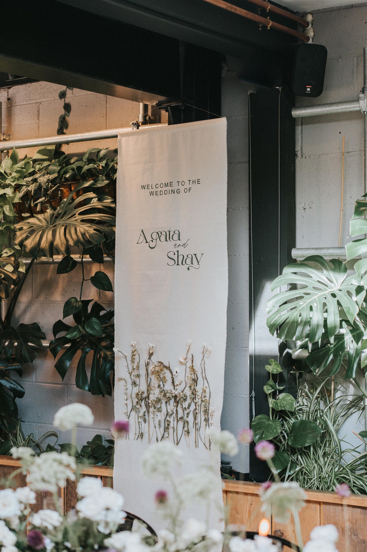 Fabric Welcome sign with Dried flowers