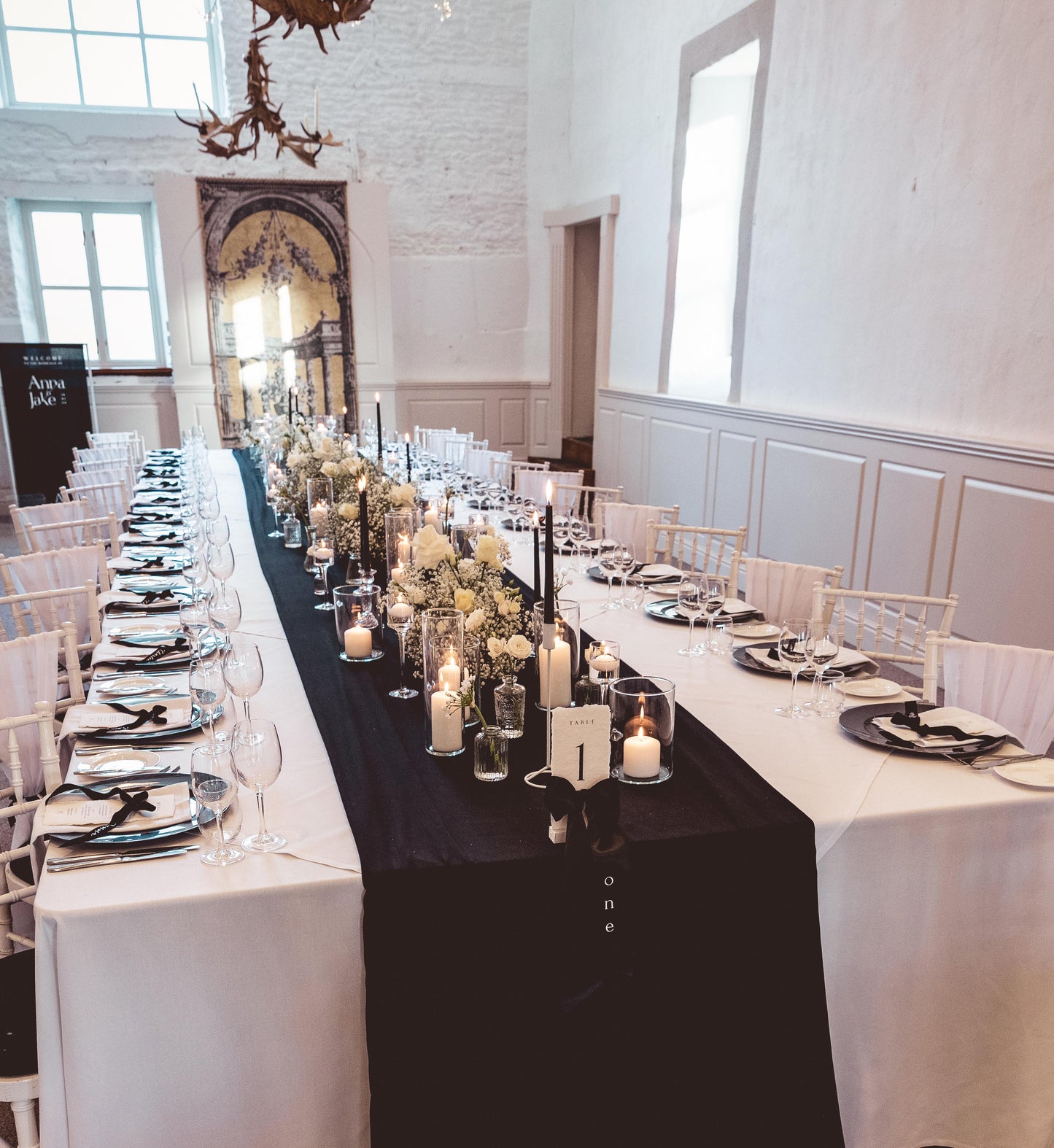 Hand crafted Monochrome Table number with Black Satin Bow
