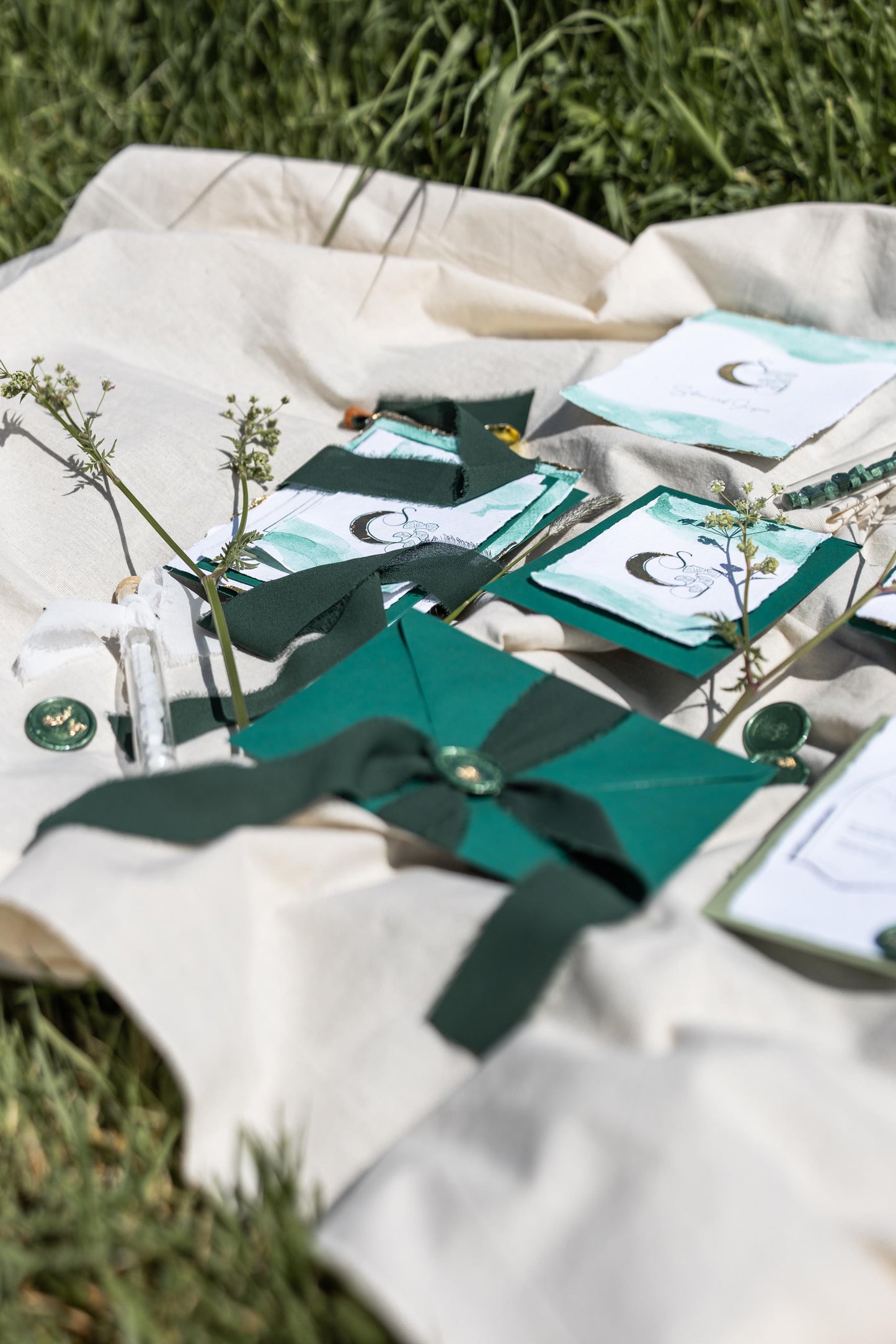 Hand painted Wedding stationery in elegant Greens and Golds