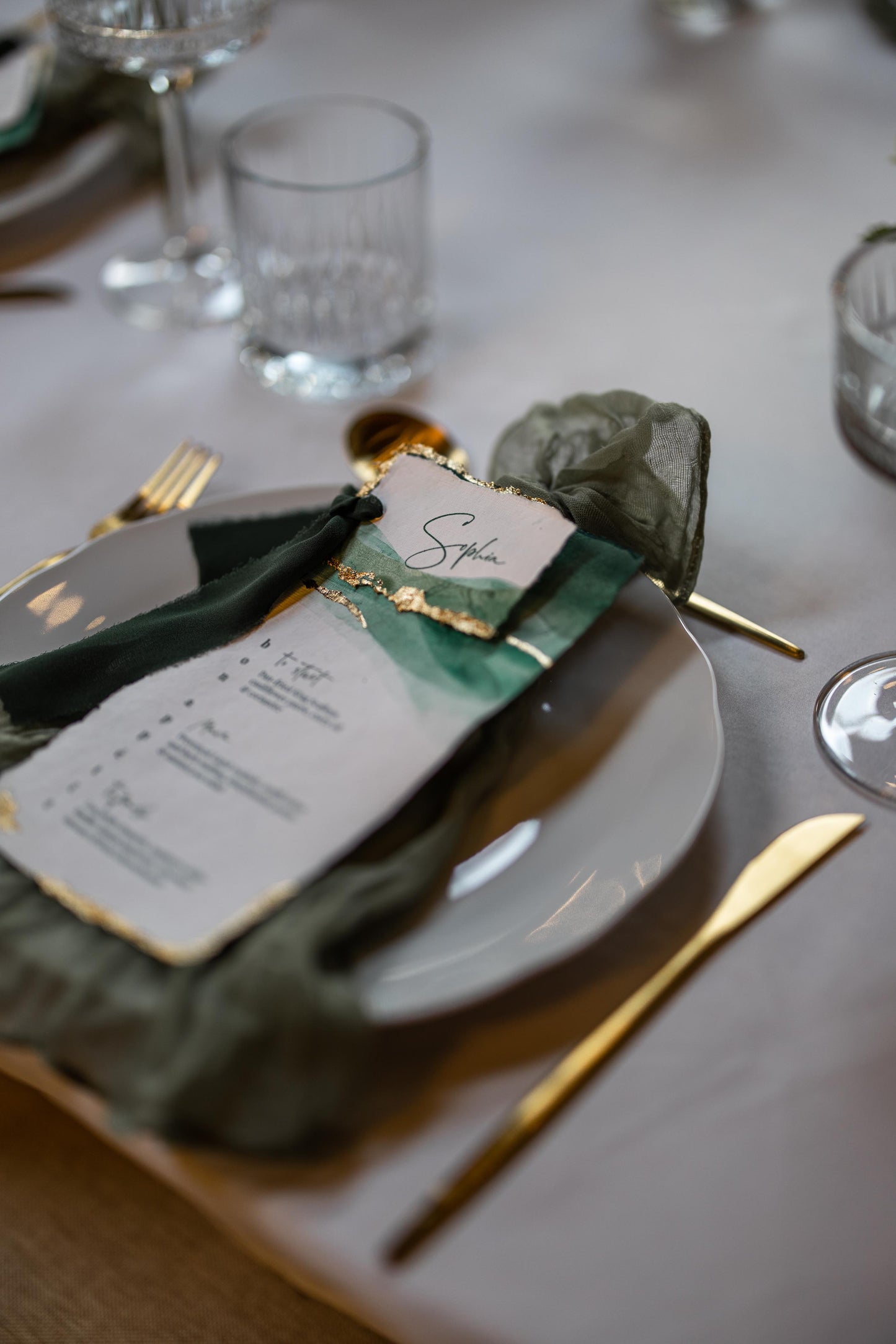 Hand painted Green and Gold Wedding Menus