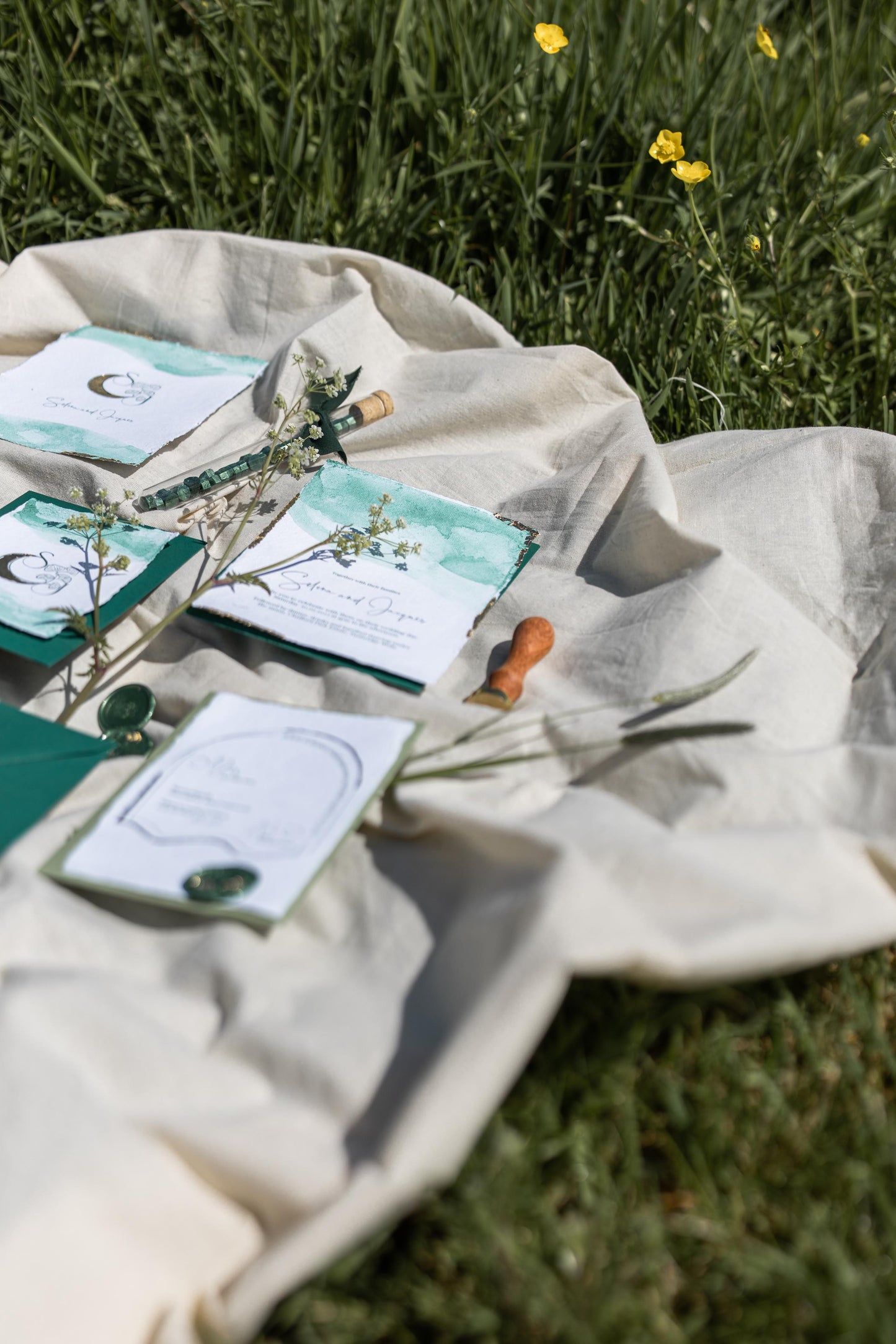 Hand painted Wedding stationery in elegant Greens and Golds