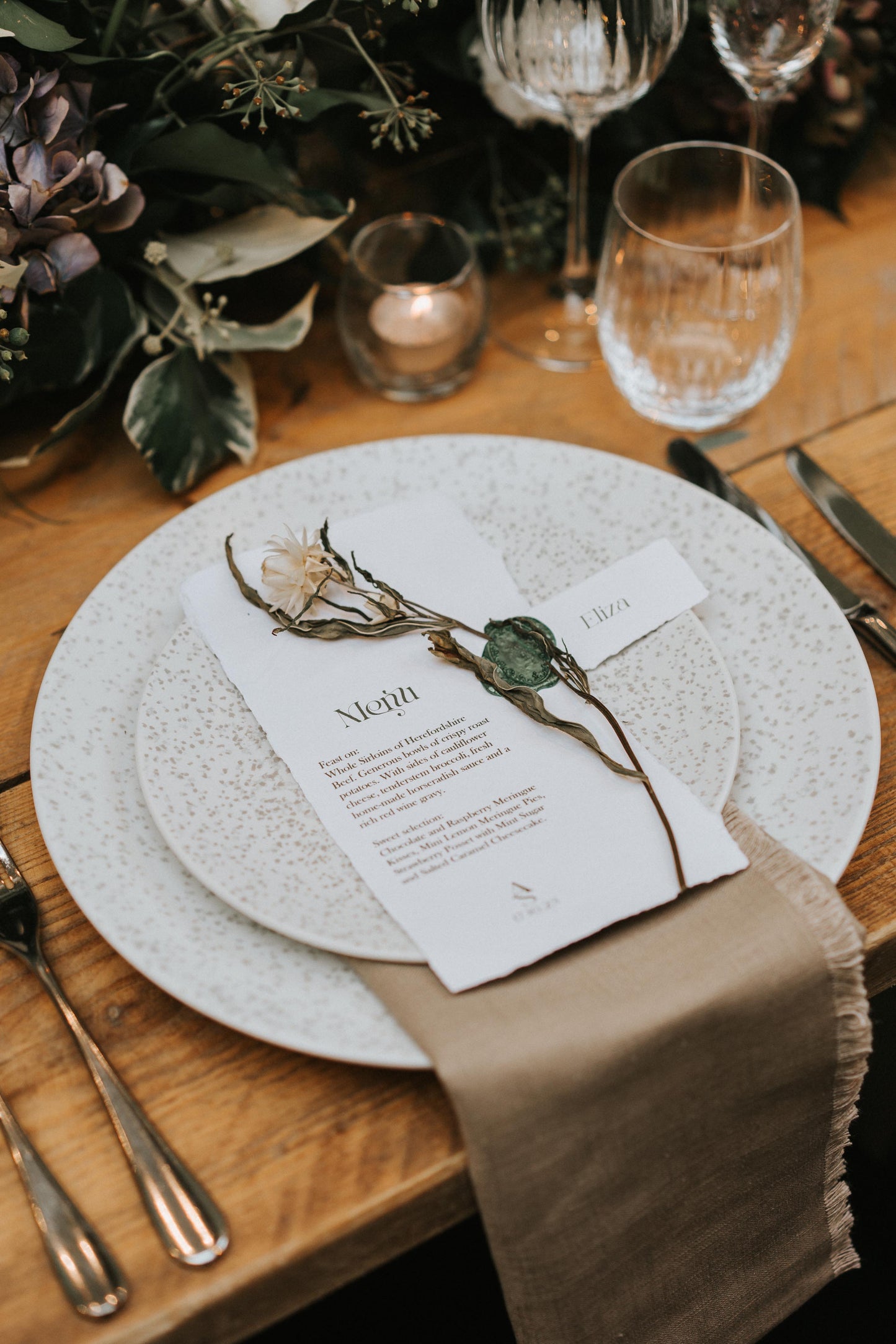 Vintage Botanical Wedding Menu with Dried Flower