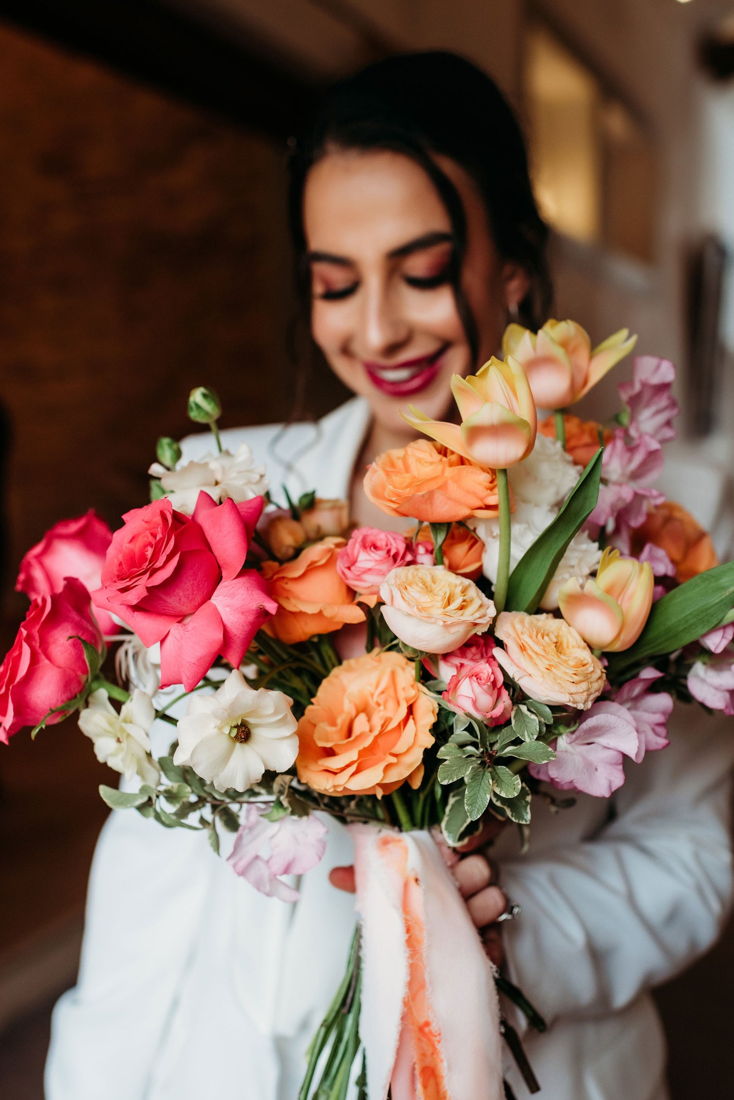 Hand marbled Wedding menu in Oranges and Pinks