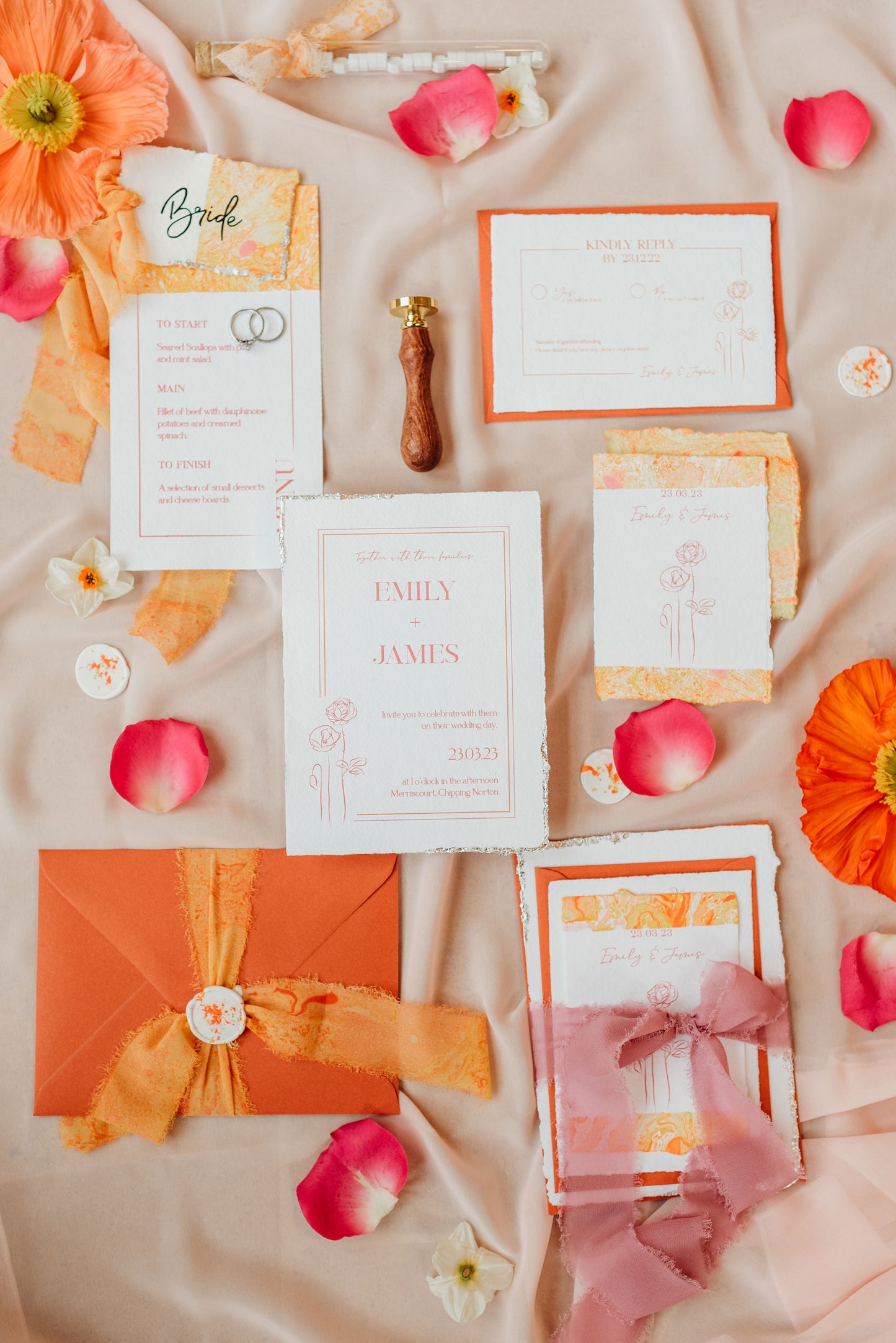 Hand marbled Wedding menu in Oranges and Pinks