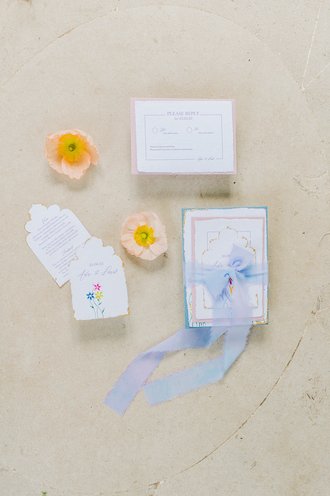Handmade paper Place cards with hand-dyed Ribbons