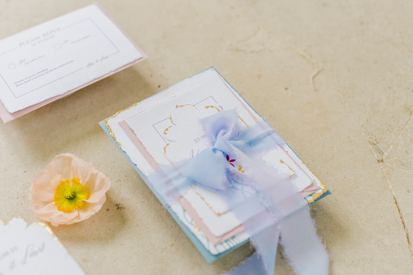 Handmade paper Place cards with hand-dyed Ribbons