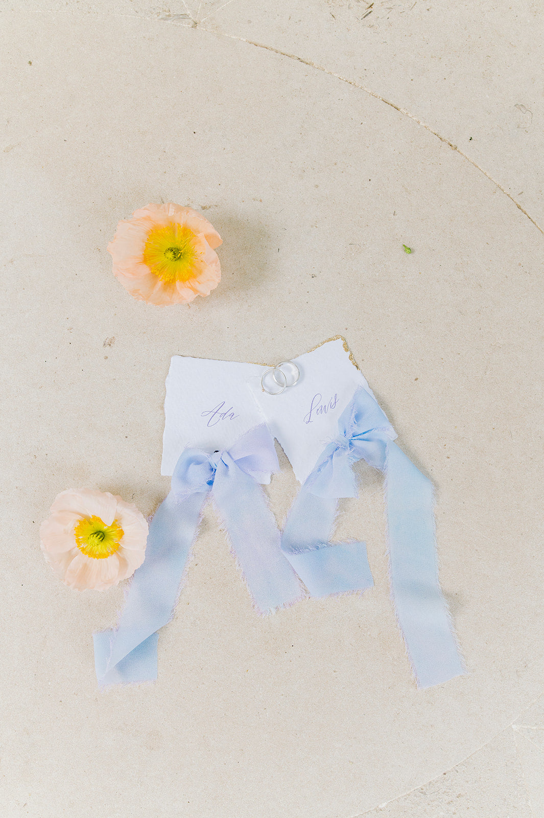 Handmade paper Place cards with hand-dyed Ribbons
