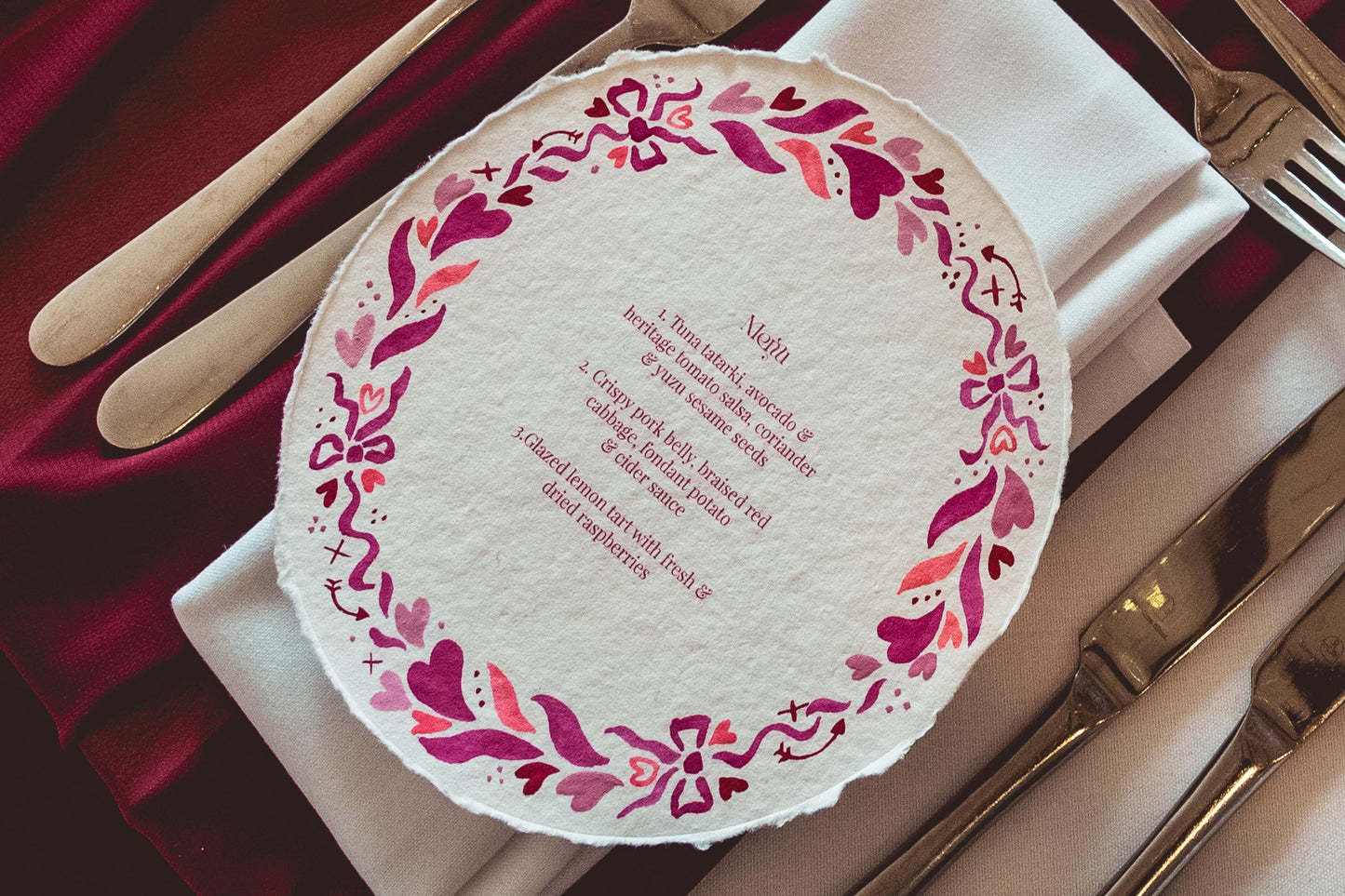 Hand painted Menus for a Valentine's Wedding
