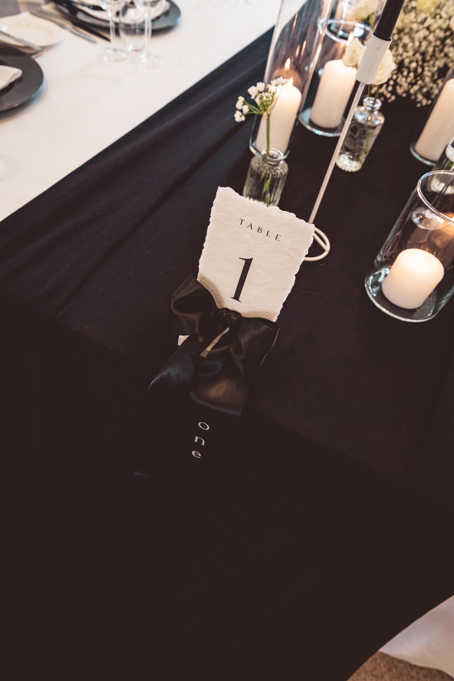 Hand crafted Monochrome Table number with Black Satin Bow