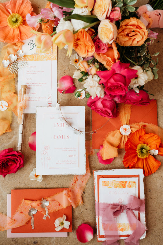Peach, orange and pink Wedding invite suite and coordinating menu
