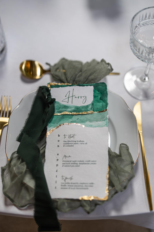 Hand painted Green and Gold Wedding Menus