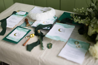 Hand painted Wedding stationery in elegant Greens and Golds