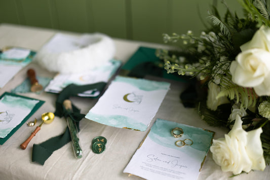 Hand painted Wedding stationery in elegant Greens and Golds