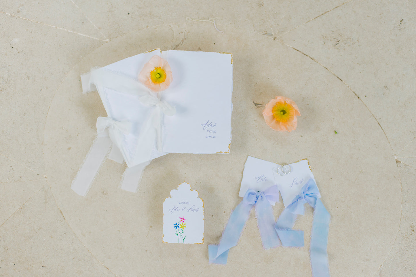 Handmade paper Place cards with hand-dyed Ribbons