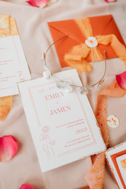Peach, orange and pink Wedding invite suite and coordinating menu