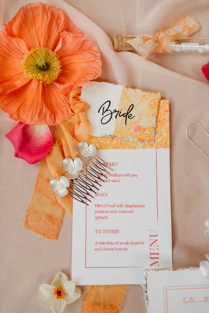 Hand marbled Wedding menu in Oranges and Pinks